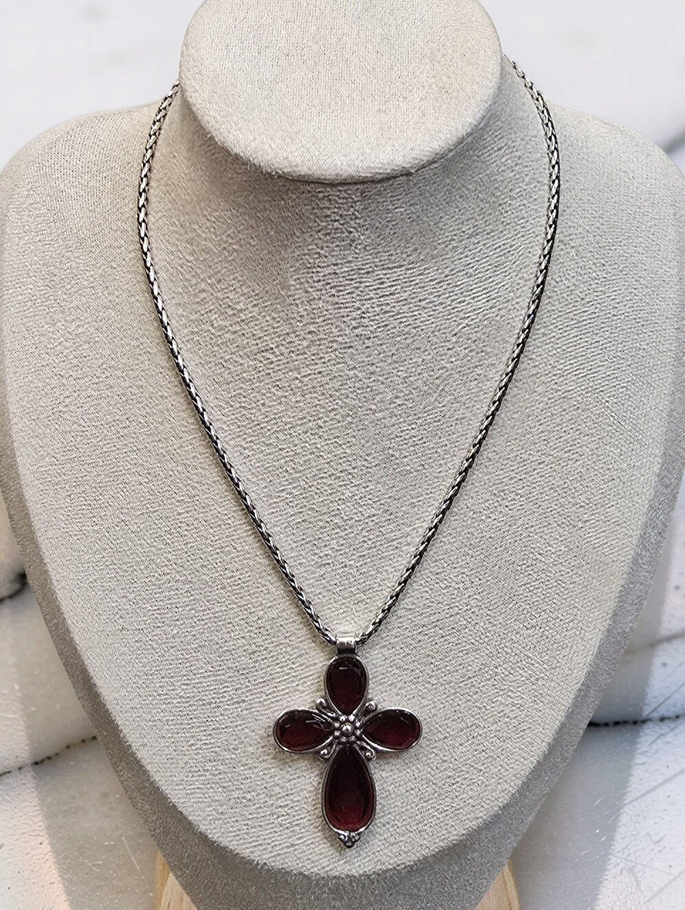 Brighton Retired Silver Garnet Red Resin Cross Pendant Necklace